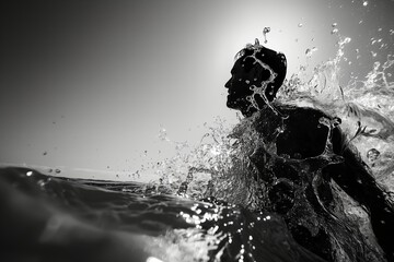 Obraz premium A man is captured in motion, breaking through the surface of the water with a splash, under the bright sunlight, creating a dynamic effect.