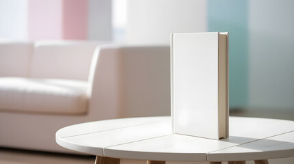 Advertising the book. A book with a clean white cover standing on a wooden white table. The background slightly blurred, emphasizing the cleanliness and simplicity of the scene.