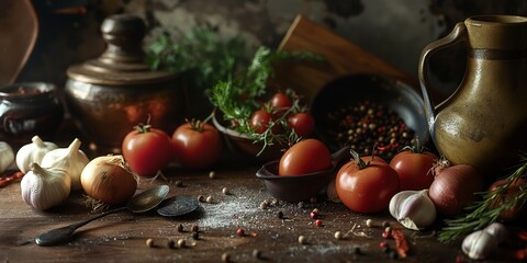 A rustic kitchen setup featuring fresh tomatoes, garlic, onions, and an assortment of spices on a wooden table. © StockUp