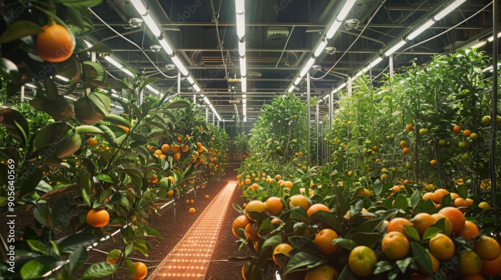 Poster Rows of vibrant orange trees flourish under bright artificial lights in a temperature-controlled indoor orchard.