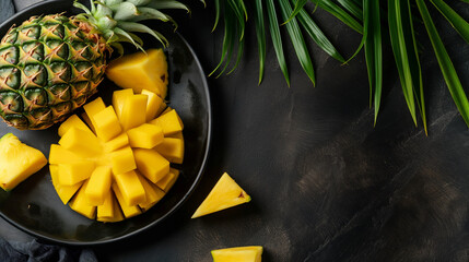 A beautifully vibrant presentation of fresh, juicy pineapple slices arranged artfully on a dark plate, artistically surrounded by lush tropical leaves, creating a stylish and inviting look