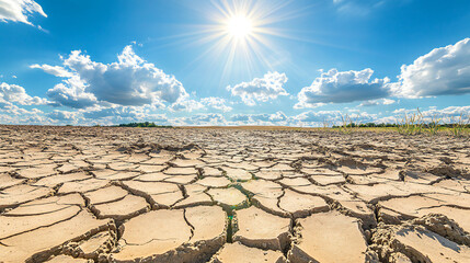 Drought parched Surface Global warming Cracks Bright Sun fluffy clouds extreme Weather