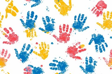 A colorful pattern of hands with blue, red, and yellow paint splatters