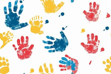A colorful image of many hands with some of them being blue, red and yellow
