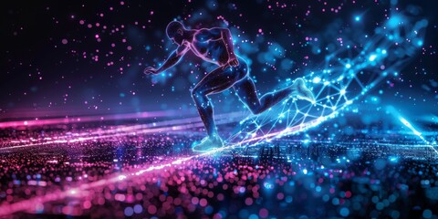 Human Runner Athlete with Digital Wireframe and Neon Light Background, a Fusion of Sport and Technology