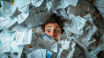 Person in debt piled up under so many bill financial unstable 