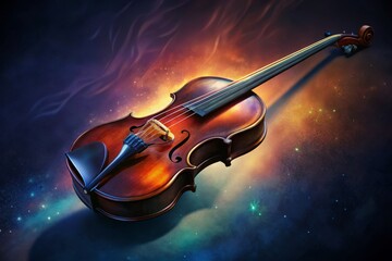 Fototapeta premium Elegant violin floating amidst celestial light in an ethereal cosmic landscape