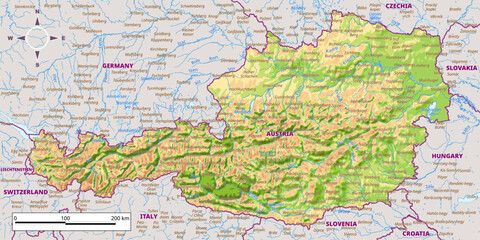 Detailed physical map of Austria