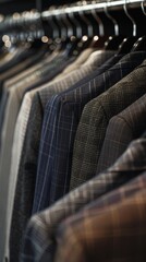 Obraz premium Diverse Collection of Men's Suits in Vibrant Colors and Patterns, Featuring a Black Pinstripe Jacket and White Shirt Displayed on a Rack in Front of an Office.