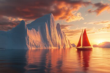 A red sailboat in front of an enormous iceberg at sunset, with beautiful colors, in the style of National Geographic photography.