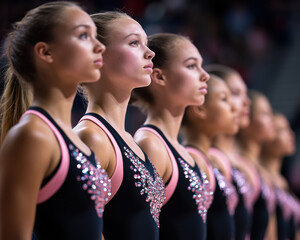 Professional photo of a small group of female artistic gymnastics athletes