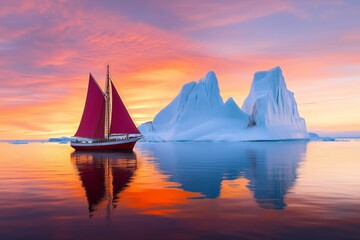 A red sailboat in front of an enormous iceberg at sunset, with beautiful colors, in the style of National Geographic photography. 