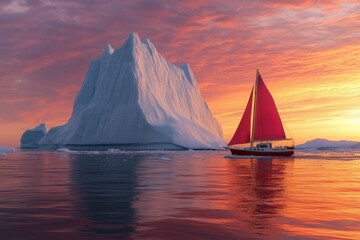 A red sailboat in front of an enormous iceberg at sunset, with beautiful colors, in the style of National Geographic photography.