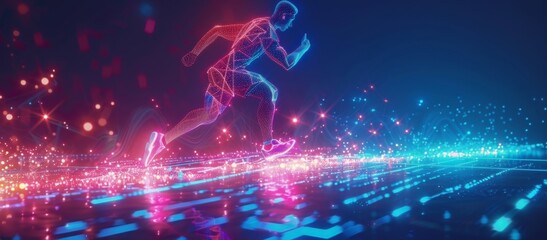 Human Runner Athlete with Digital Wireframe and Neon Light Background, a Fusion of Sport and Technology