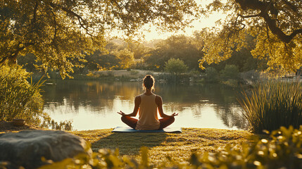 Woman Meditating Outside Afternoon Water trees State of Mind Yoga Mind fullness mental health