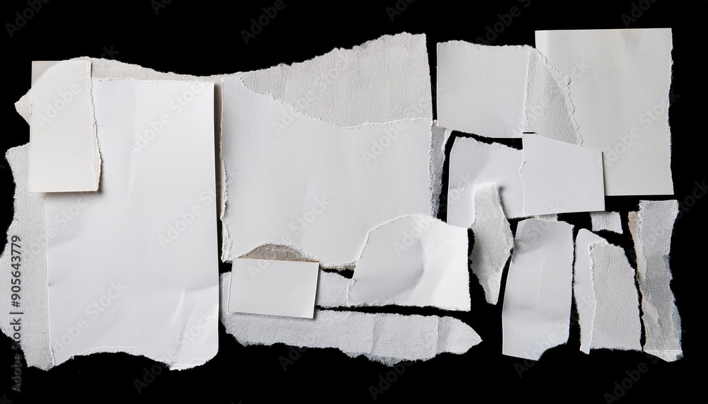 Wall mural white paper ripped pieces isolated on black background dirty wrinkled glued paper poster texture