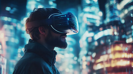 A Man Wearing Virtual Reality Headset in an Illuminated Urban Environment at Night technology