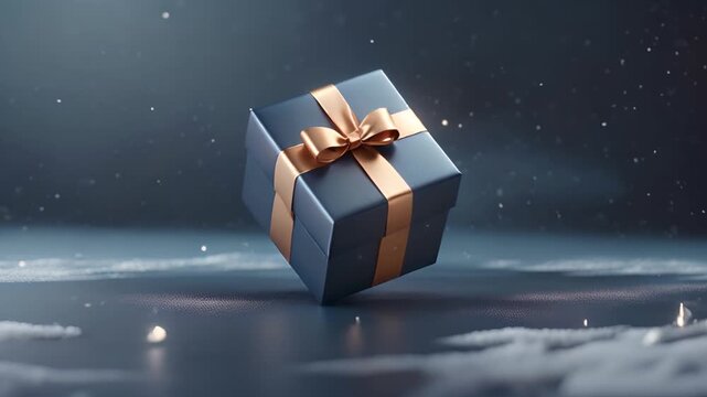 Elegant gift box with golden ribbon on glossy blue background.