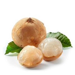 Obraz premium Medium shot of whole Longan near the sliced piece of Longan, isolated on a white background, 