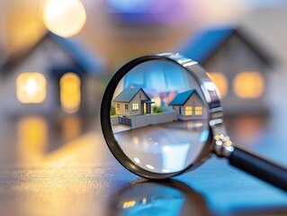 A magnifying glass is used to look at a house