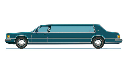 Side profile classic luxury limousine, teal color body, elegant design, detailed illustration. Teal colored stretch limousine representing wealth, transportation, formal events. Sleek vehicle