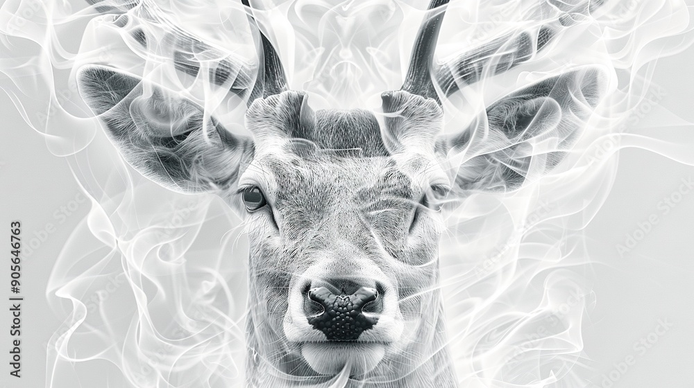 Wall mural a monochrome image of a deer's head emitting significant amounts of smoke from its antlers