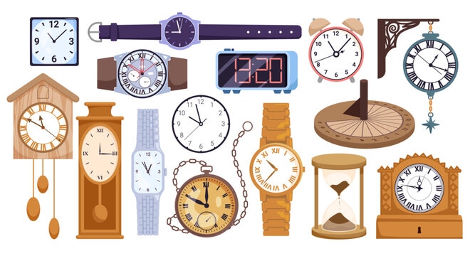 Digital modern and vintage clocks set. Cartoon collection of different type of wall and wrist devices to measure time, wristwatch and old chronometer, hourglass and alarm