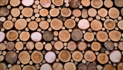 an overhead shot of a wall made of stacked tree trunk cross sections showing their unique grain patterns and textures seamless pattern