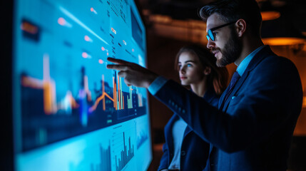 Business Professionals Analyzing Data Technology Trends on Interactive Display in Modern Office Setting