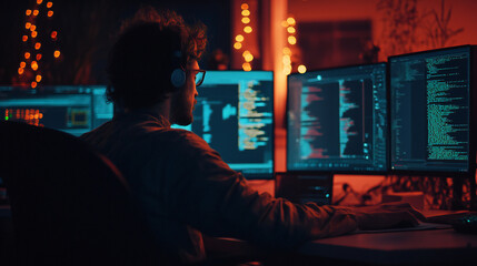 Computer Programmer Working Late Night on Multiple Monitors With Colorful Coding Projects