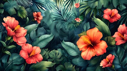 A painting of a lush green jungle with a large number of red flowers. The flowers are in various sizes and are scattered throughout the scene. The overall mood of the painting is vibrant and lively