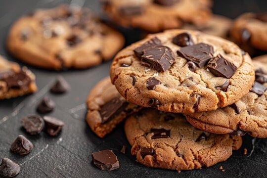 A stack of chocolate chip cookies with chocolate chips on the table