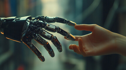 Human and Robot Hand Connection Futuristic Urban Technology Artificial Intelligence
