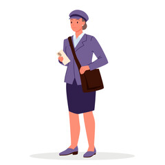 Female postal delivery worker holding paper envelope with letter. Young woman with professional postman uniform, bag and hat standing, portrait of girl postie at work cartoon vector illustration