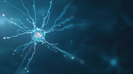Abstract representation of a neuron with glowing dendrites and axons on a blue background.