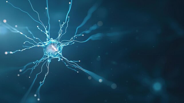 Abstract representation of a neuron with glowing dendrites and axons on a blue background.