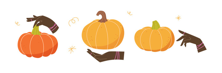 Halloween pumpkin set. Human hands holding cute pumpkins