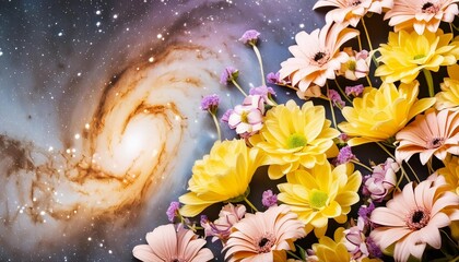 background of a galaxy nebula with flowers generative ai