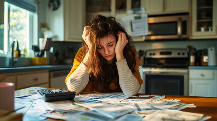 Stressed Woman Sitting Kitchen Table Unpaid Bills and a Calculator debt 