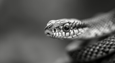 Obraz premium Close-Up of a Snake's Head in Black and White, Displaying Intricate Scales and Features