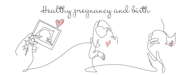 Vector one line art set of stages of halthy pregnancy and birth. One continuous line drawing of hands holding a Fetal ultrasound, pregnancy woman and mother holding a new born baby