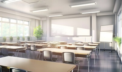 Empty clean classroom with whiteboard, generative ai