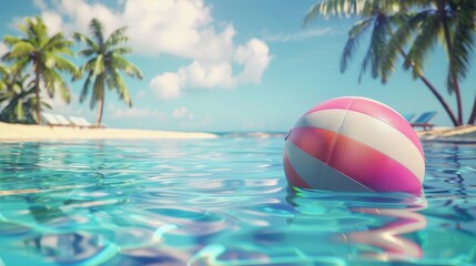 A pink and white beach ball is floating in the ocean