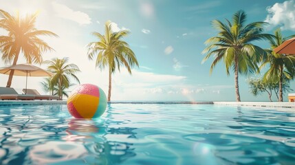 Obraz premium A beach ball is floating in a pool with palm trees in the background
