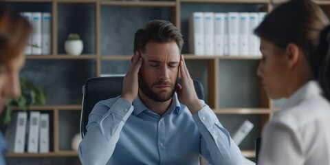 A stressed businessman, overwhelmed by a migraine, sits at his desk, rubbing his temples in frustration.