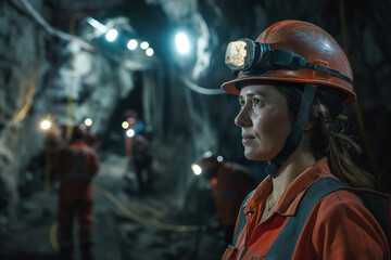 Female miner wearing a hard hat with a headlamp, standing in an underground tunnel. She has a...