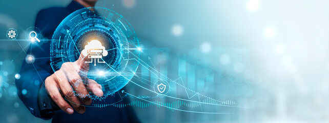 Cloud Computing: Businessman touching connect to data information on cyberspace, scalability, data...