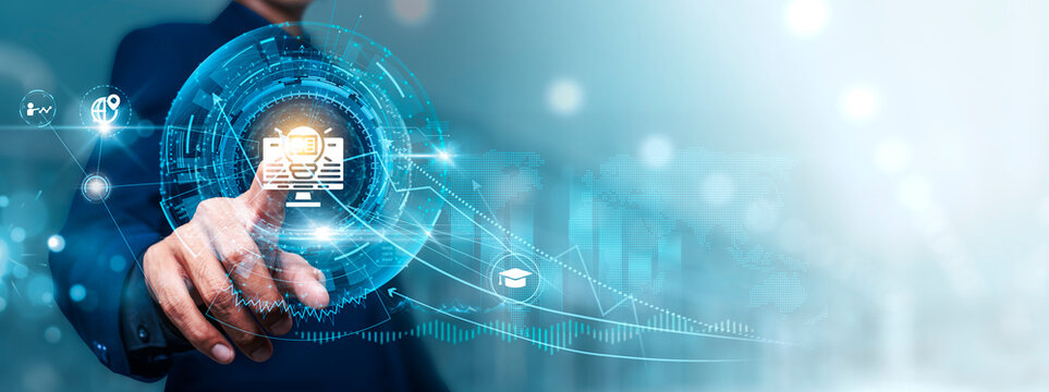 E-learning: Businessman touching connect to data information on cyberspace, online courses, virtual classrooms, interactive content, learning management systems, educational technology........