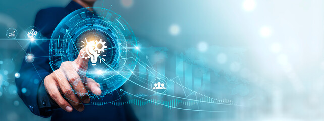 Innovation Technology: Businessman touching connect to data information on cyberspace, cutting-edge...