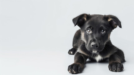 Black puppy with white patch on chest lying on light gray background looking at camera. Puppy has large, expressive eyes and slightly folded ears